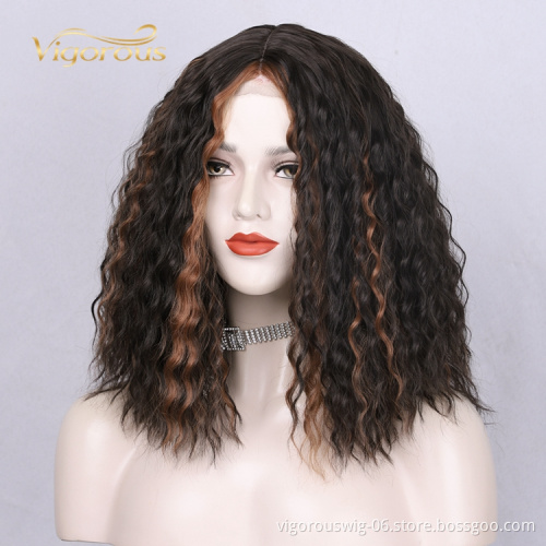 Swiss Lace Afro Deep Curly Closure Bob Short Mixed Black Brown Pre Plucked Synthetic Hair Wigs For Women Sale